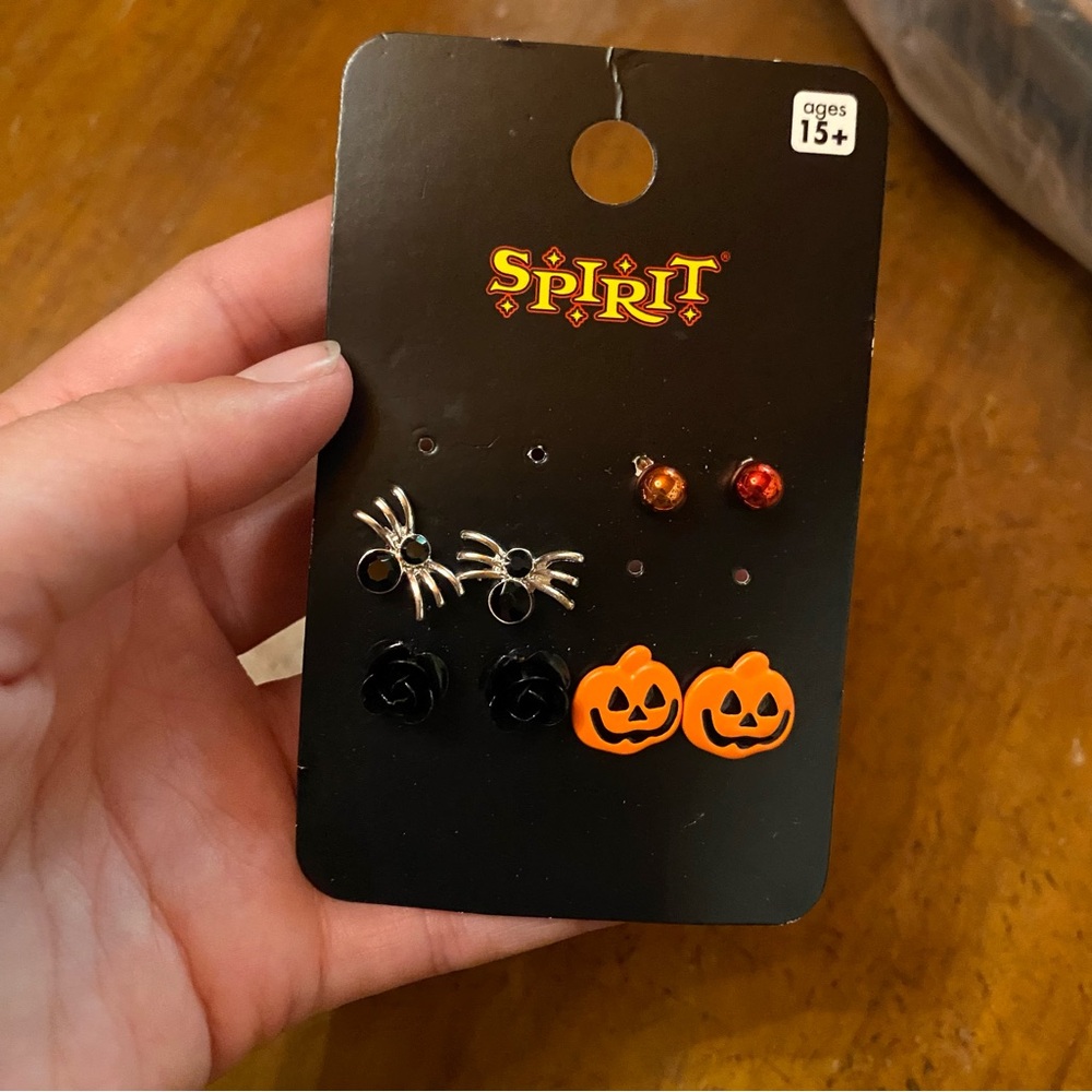 Spirit Halloween Earring Set, Jack-O'-Lantern, Black Rose, spider